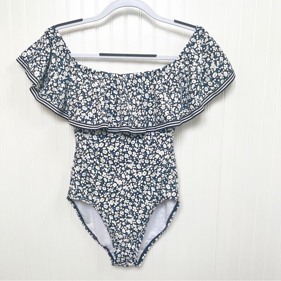 Lauren Ralph Lauren White & Navy Blue Ditsy Floral Off Shoulder 1-Piece Swimsuit - Picture 2 of 9